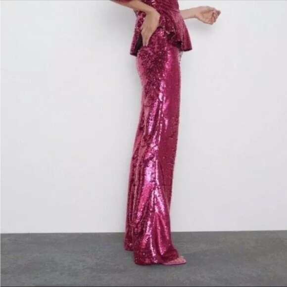Zara Limited Edition Pink Sequined Trousers Small NWT Blogger Fav Holiday Party - Picture 4 of 13